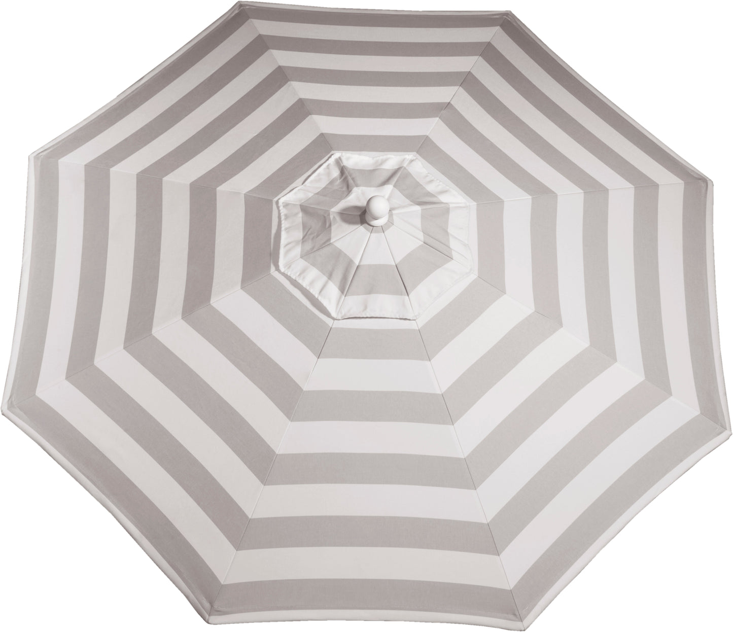 LuxCraft patio umbrella in Solana Seagull, featuring alternating wide grey and white stripes.