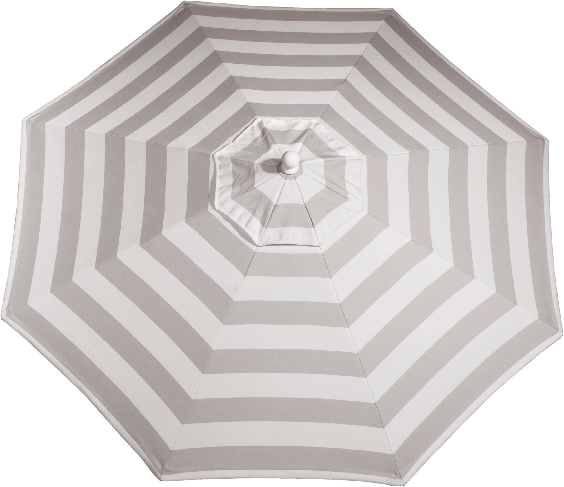 LuxCraft patio umbrella in Solana Seagull, featuring alternating wide grey and white stripes.