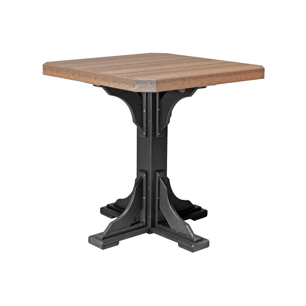 LuxCraft square patio table set for 4 in a mahogany and black finish, featuring a durable pedestal base table.