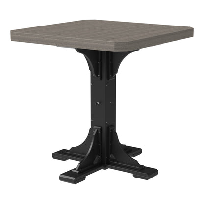 LuxCraft square patio table set for 4 in coastal gray and black, featuring a bar-height pedestal table for outdoor entertaining.