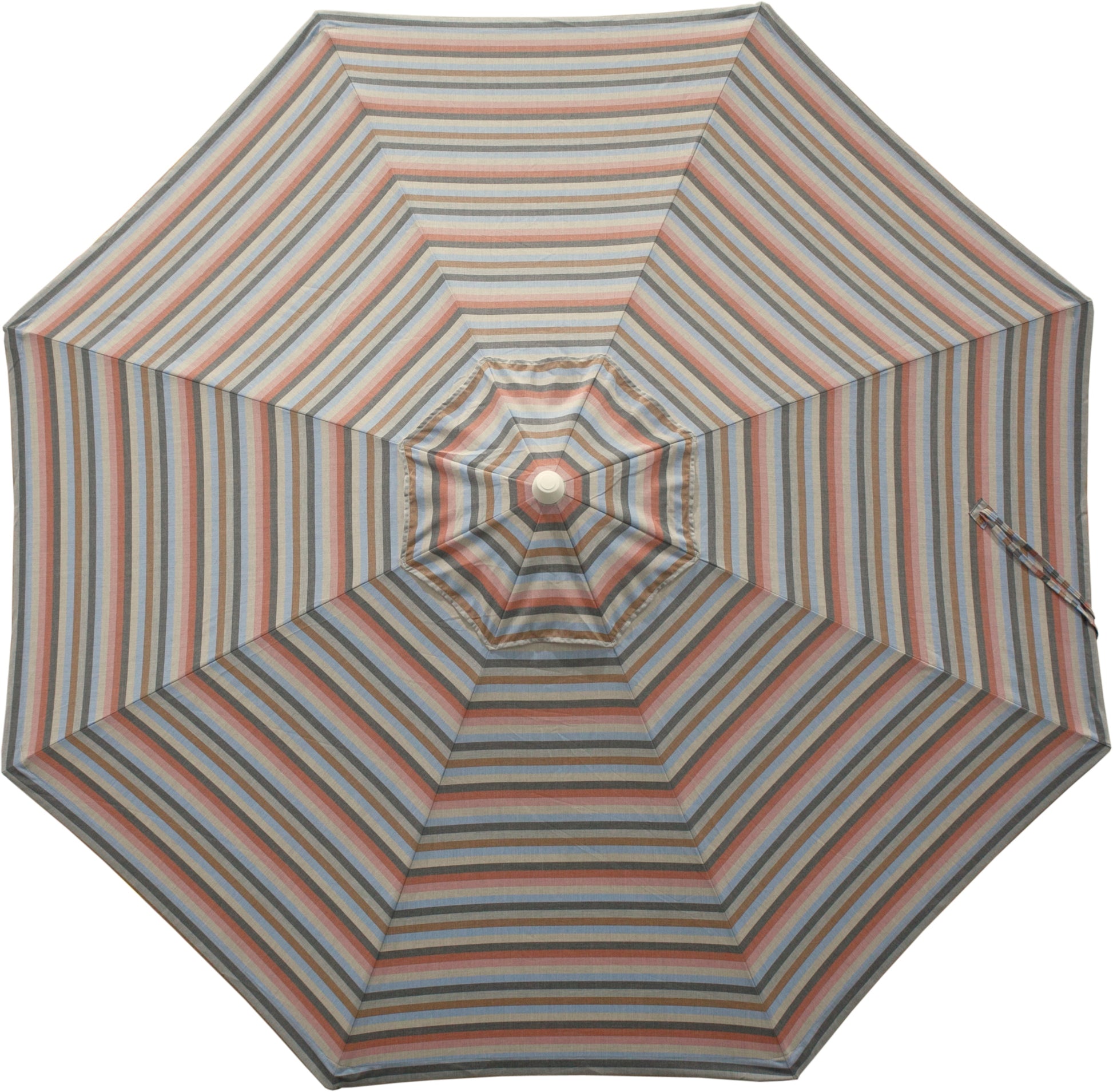 Outdoor umbrella in a surround dusk fabric pattern featuring shades of blue, tan, and orange,