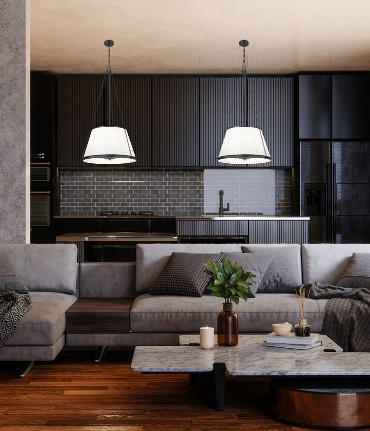 modern six-light pendant pair in black over dark kitchen island.