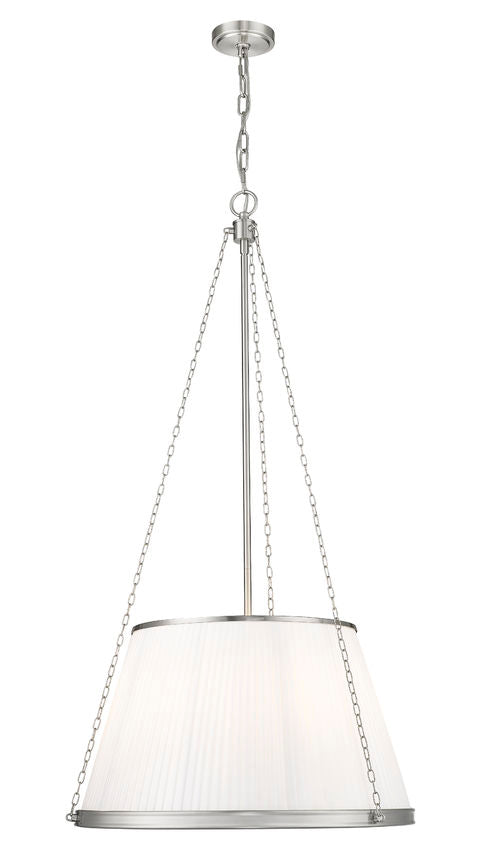 polished nickel modern six-light pendant with white pleated linen shade.