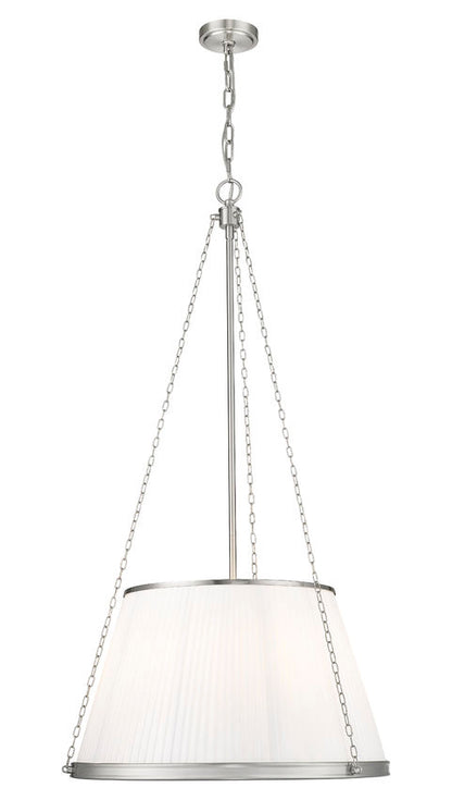 polished nickel modern six-light pendant with white pleated linen shade.