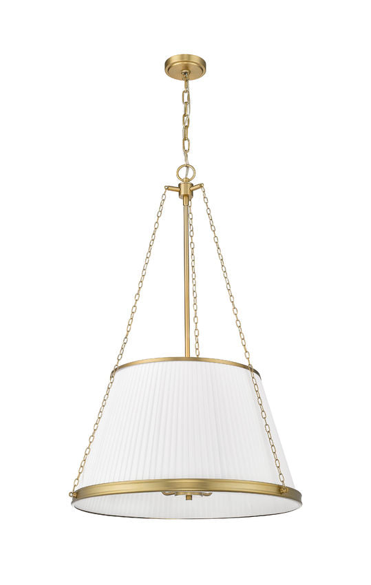sleek modern gold pendant light with white fabric shade and balanced chain design.