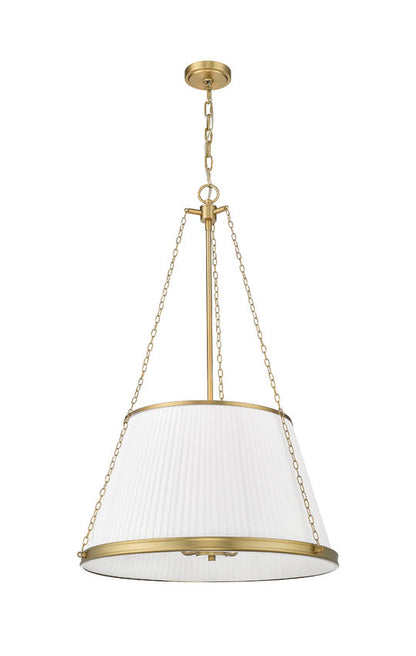 sleek modern gold pendant light with white fabric shade and balanced chain design.