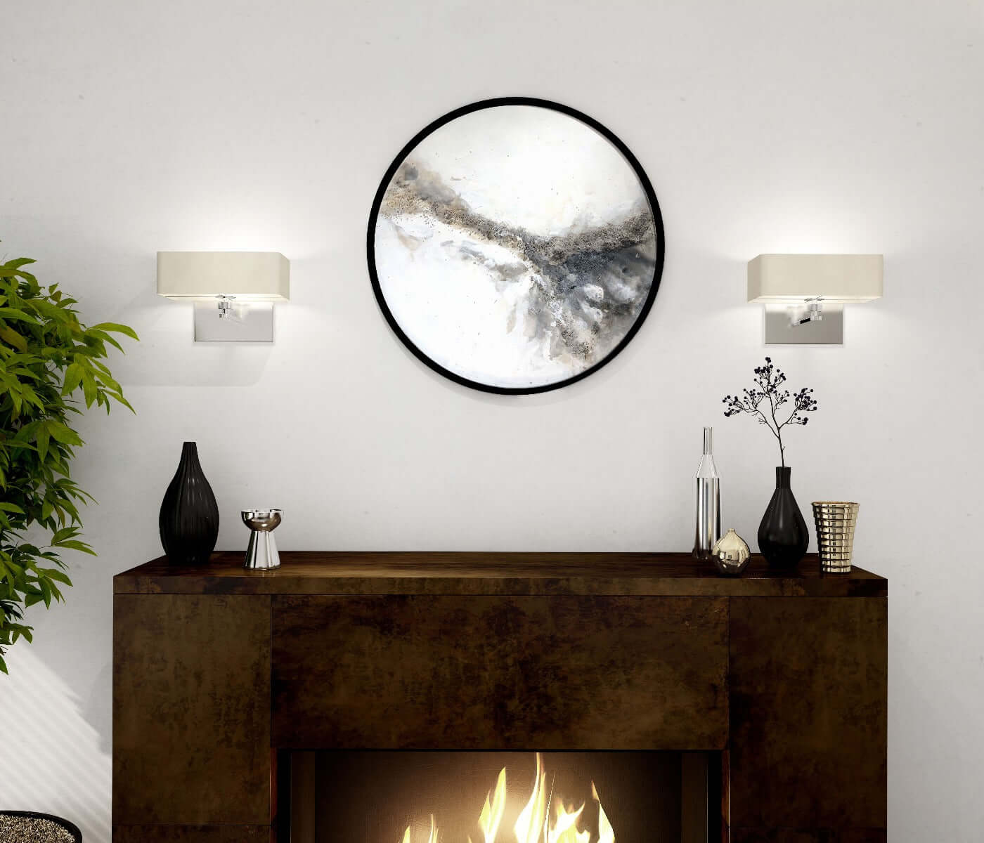 Marble Sphere wall art above a fireplace, framed with sleek black trim.