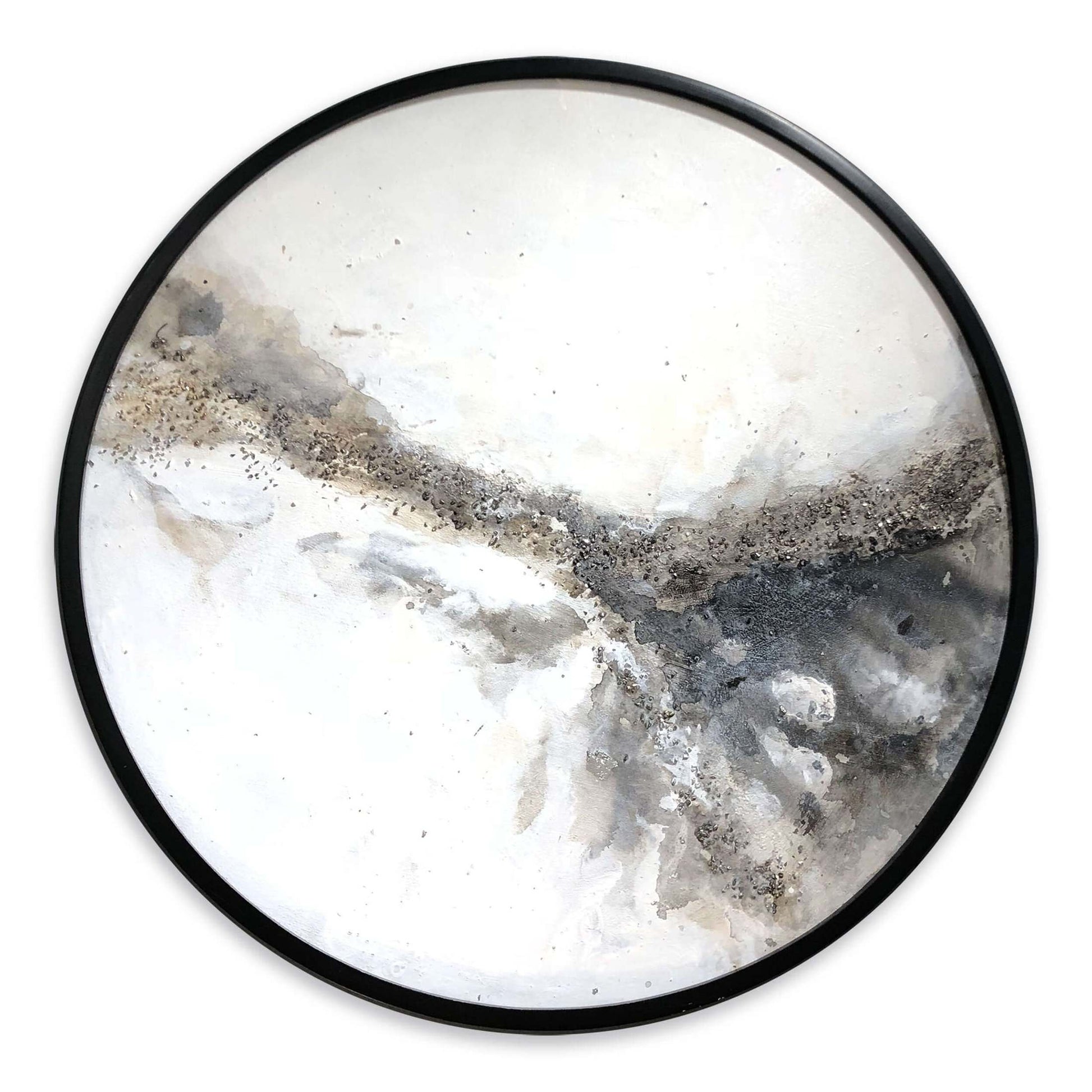 Round hand-painted wall art in black, grey, and white with textured marble accents.