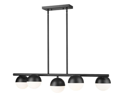 matte black five-light island chandelier front view with white opal globes.