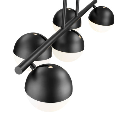 close-up of matte black modern five-light island chandelier.