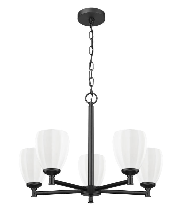 Modern steel chandelier in matte black finish with five opal glass shades.