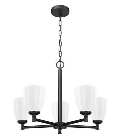 Modern steel chandelier in matte black finish with five opal glass shades.