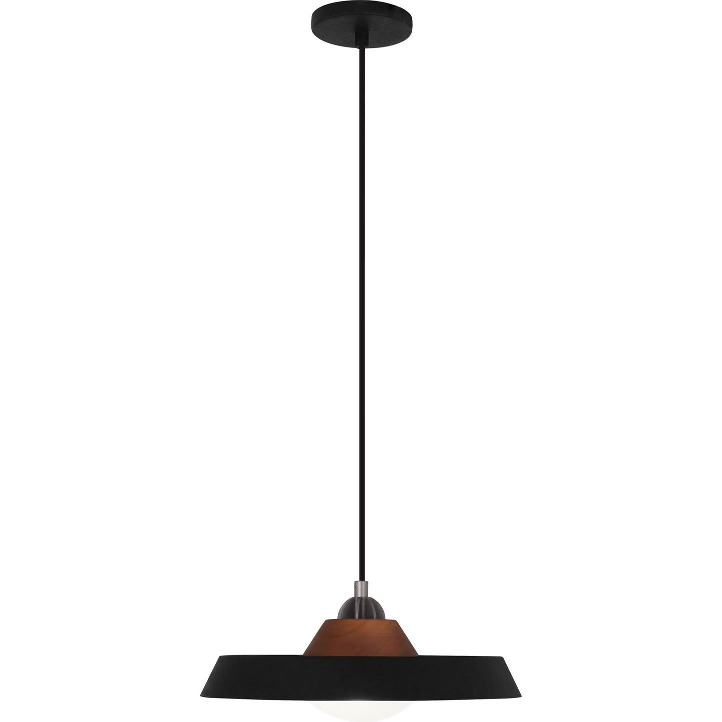 Mavisten Edition Far Pendant Light with black shade, ash wood accent, and frosted glass lens.