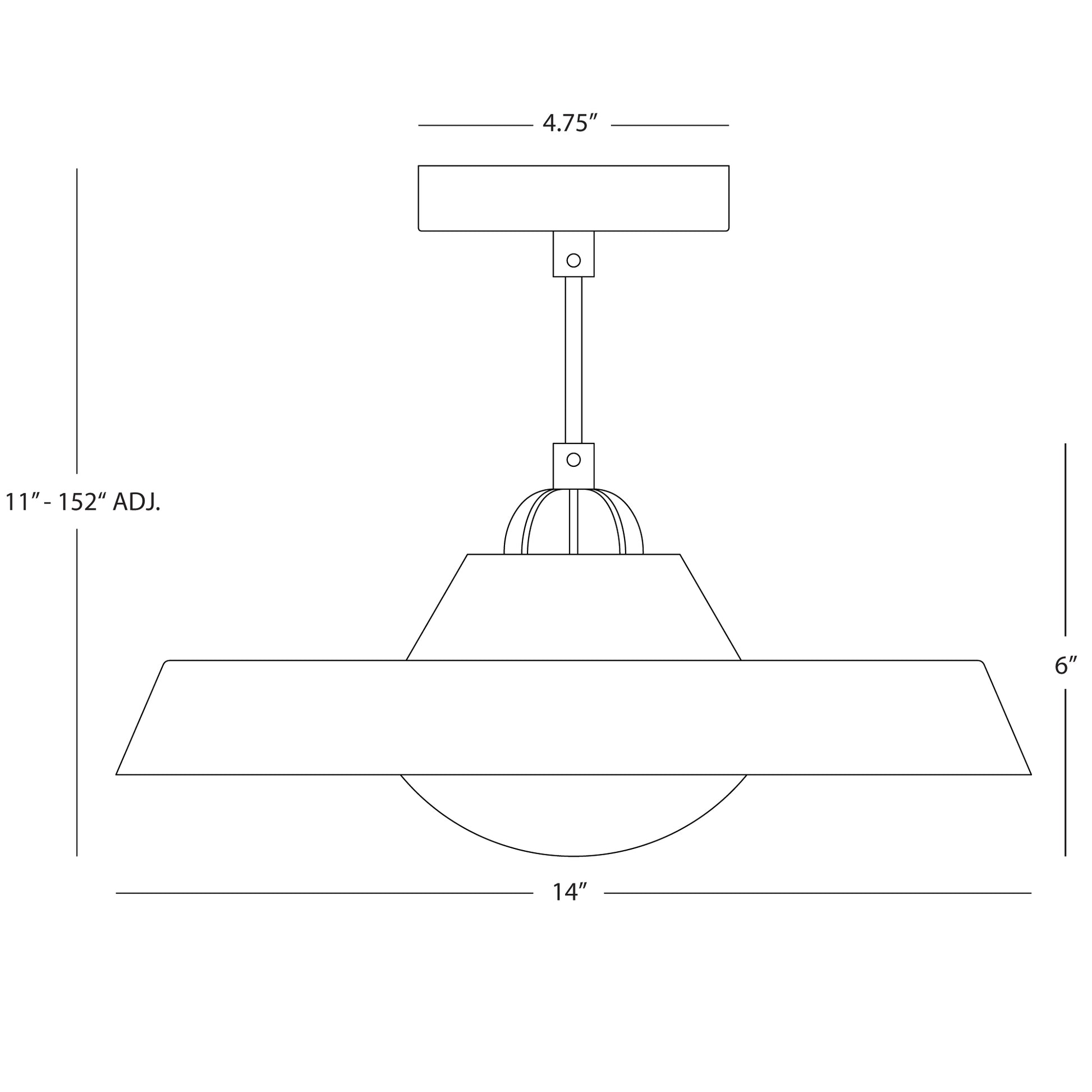 Dimensional diagram of Mavisten Edition Far Pendant Light with adjustable height and 14-inch width.