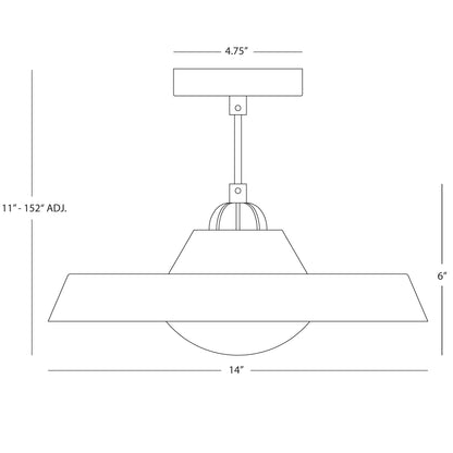 Dimensional diagram of Mavisten Edition Far Pendant Light with adjustable height and 14-inch width.