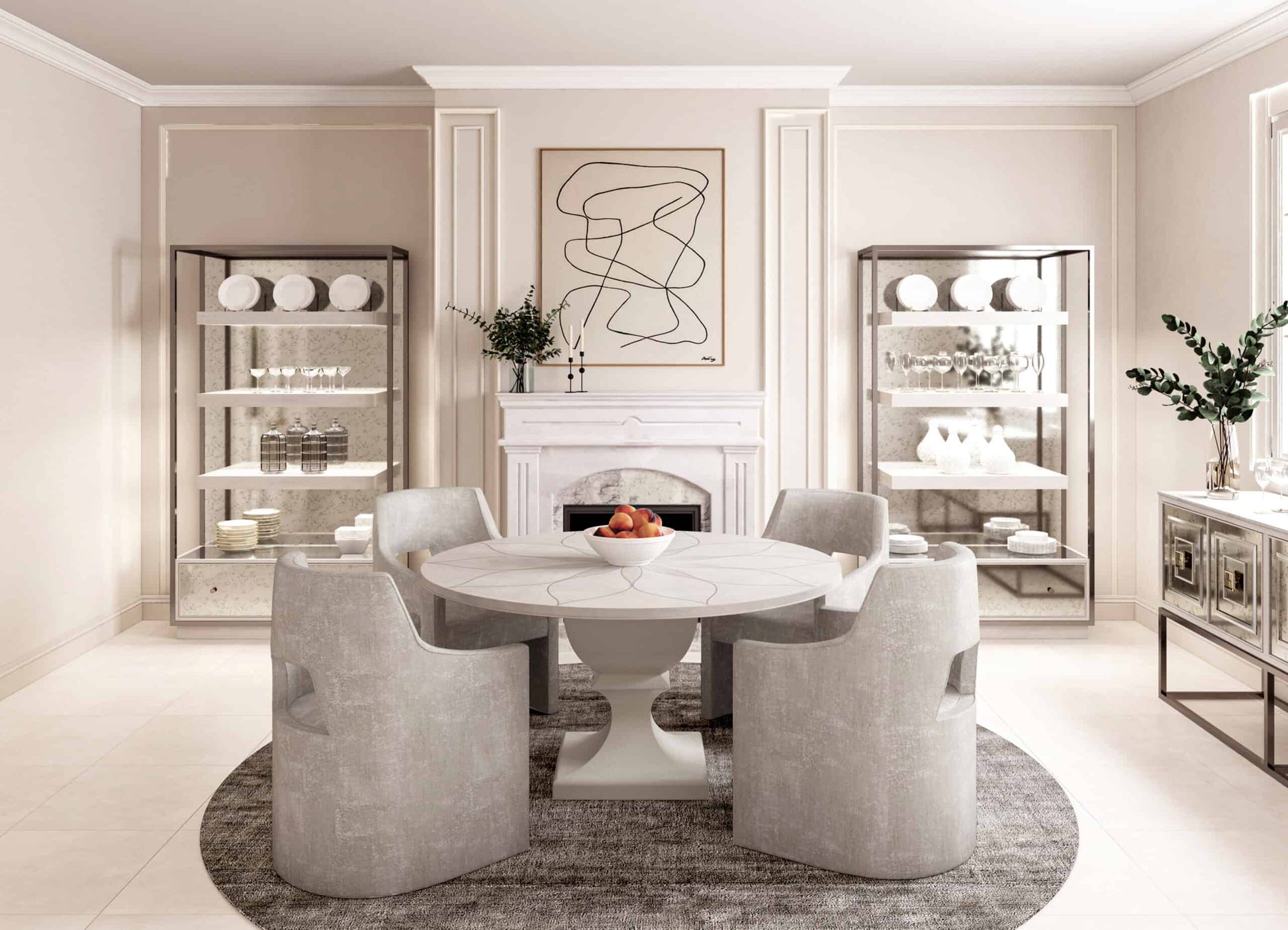 Dining room with Mezzanine Etagere showcasing china, glassware, and soft LED lighting.