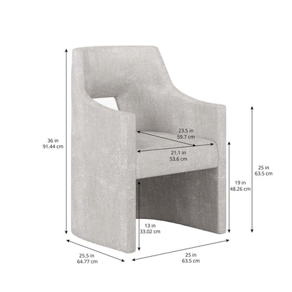 Mezzanine grey dining arm chair with dimensions marked in inches and centimeters.