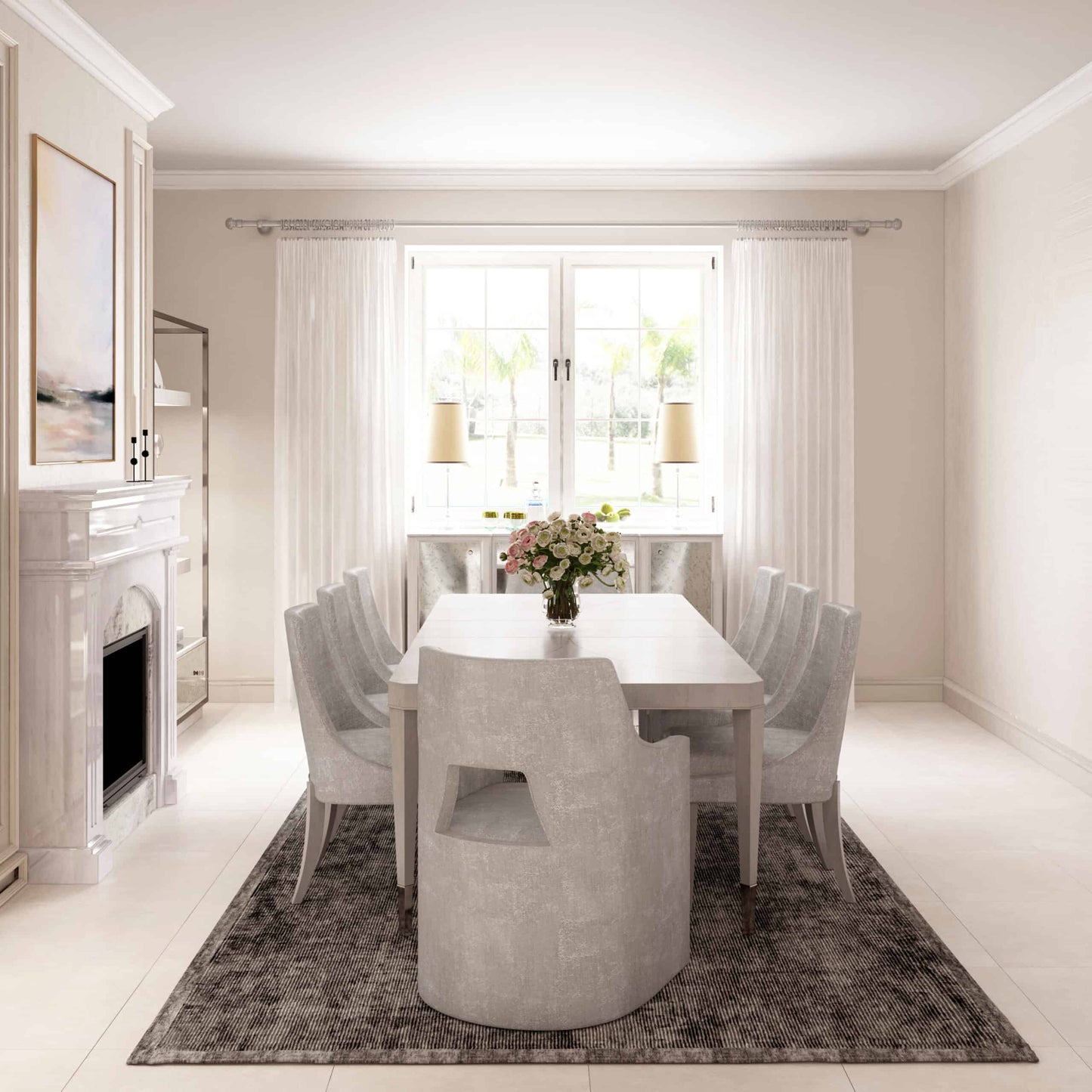  Formal dining room with grey dining arm chairs surrounding a rectangular dining table under bright light.