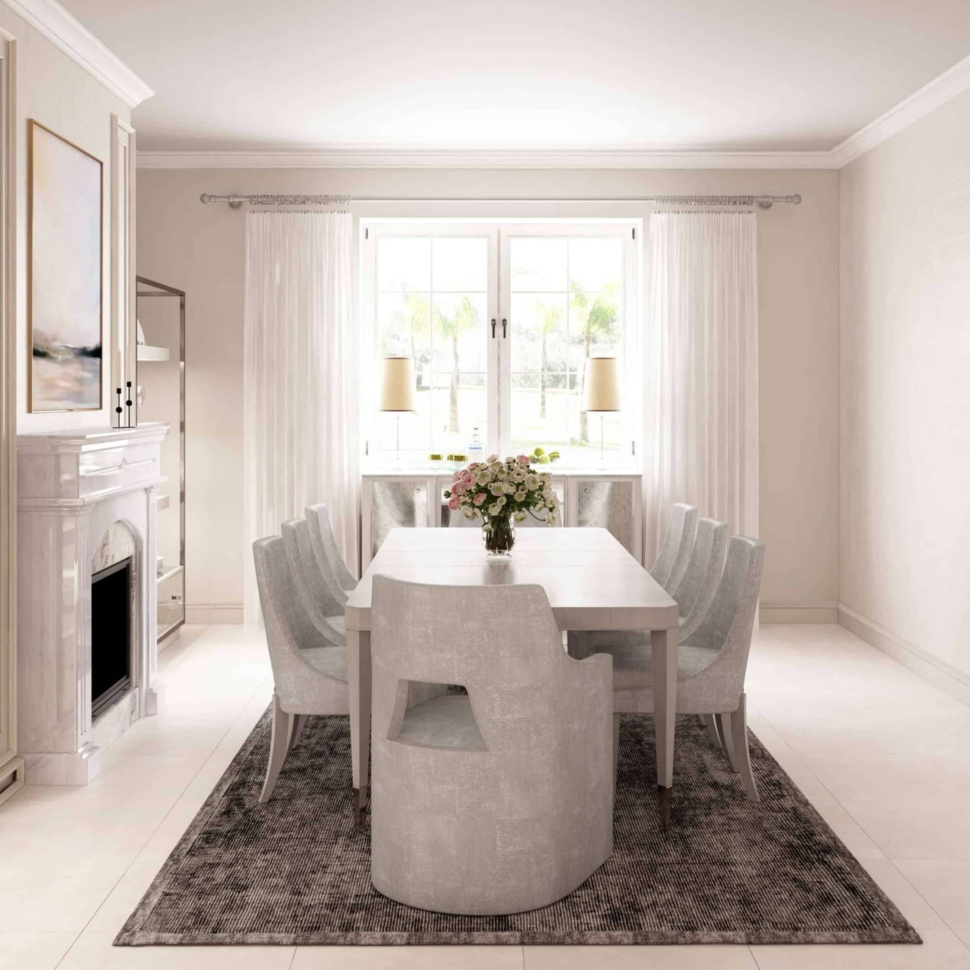 Grey elegant dining chairs in a bright dining room, perfect for traditional and minimalist interiors.