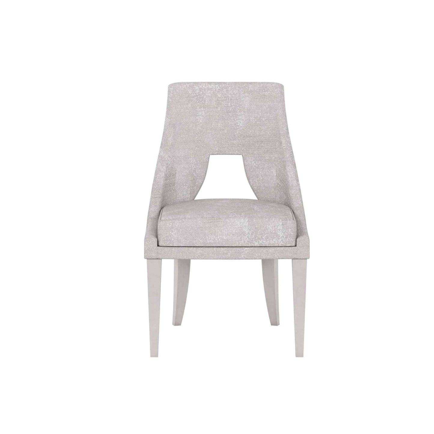 Mezzanine minimalist dining room chair front view, showcasing its cut-out back and finely upholstered seat.