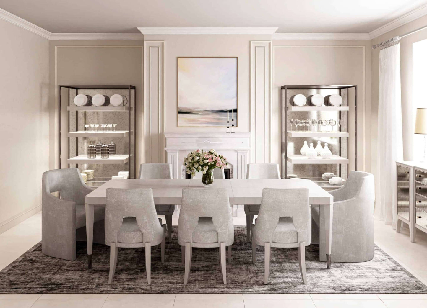  Grey traditional dining chairs in a modern dining room setting with elegant furniture arrangement.