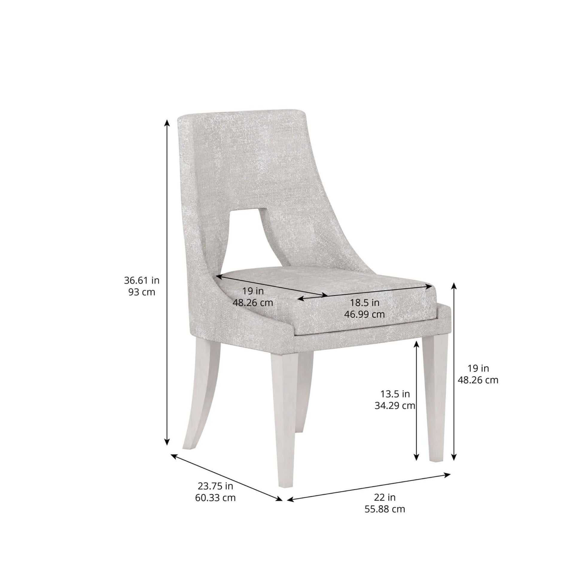 Dimensions of the Mezzanine grey traditional dining chair with fabric upholstery.