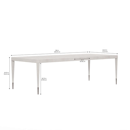 Image showing the Mezzanine Grey Transitional Dining Table with dimensions marked in inches and centimeters.