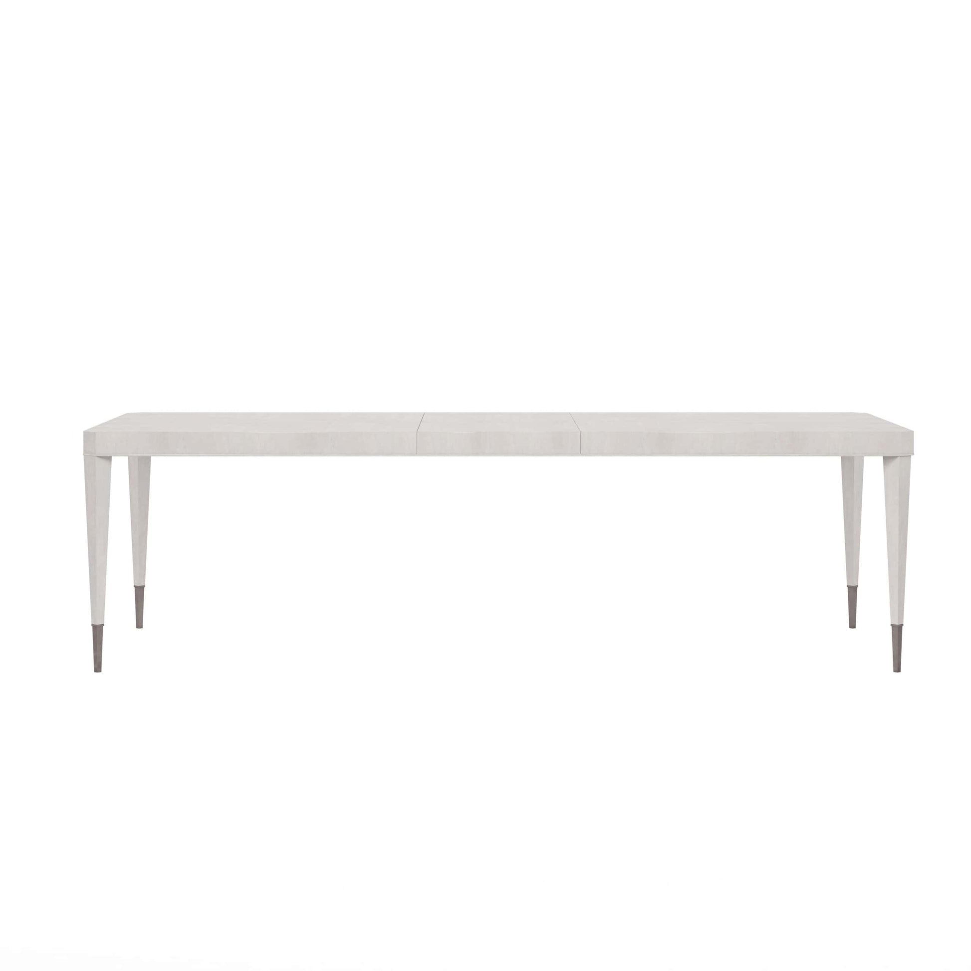 Front view of the Mezzanine Grey Transitional Dining Table with tapered legs and nickel-finished ferrules.