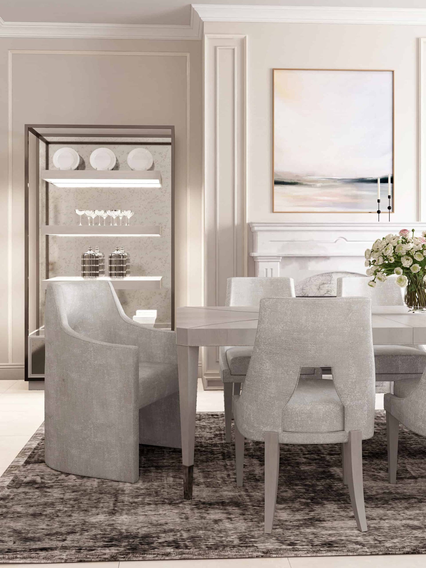 Grey upholstered dining arm chair in a modern dining room with natural light and mirrored cabinets.