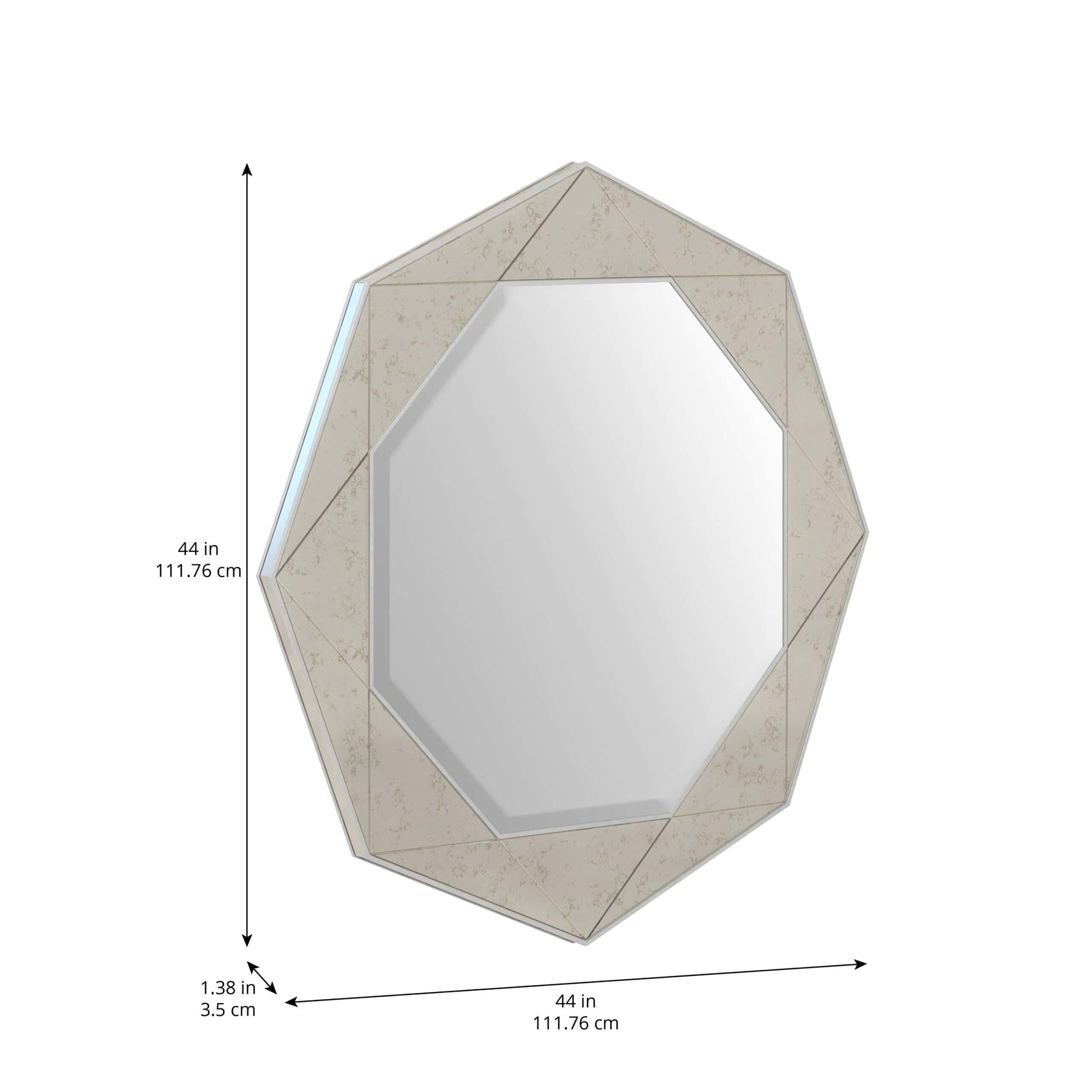 Dimensions of the Mezzanine Round Dining Room Mirror with octagonal frame and beveled edge.