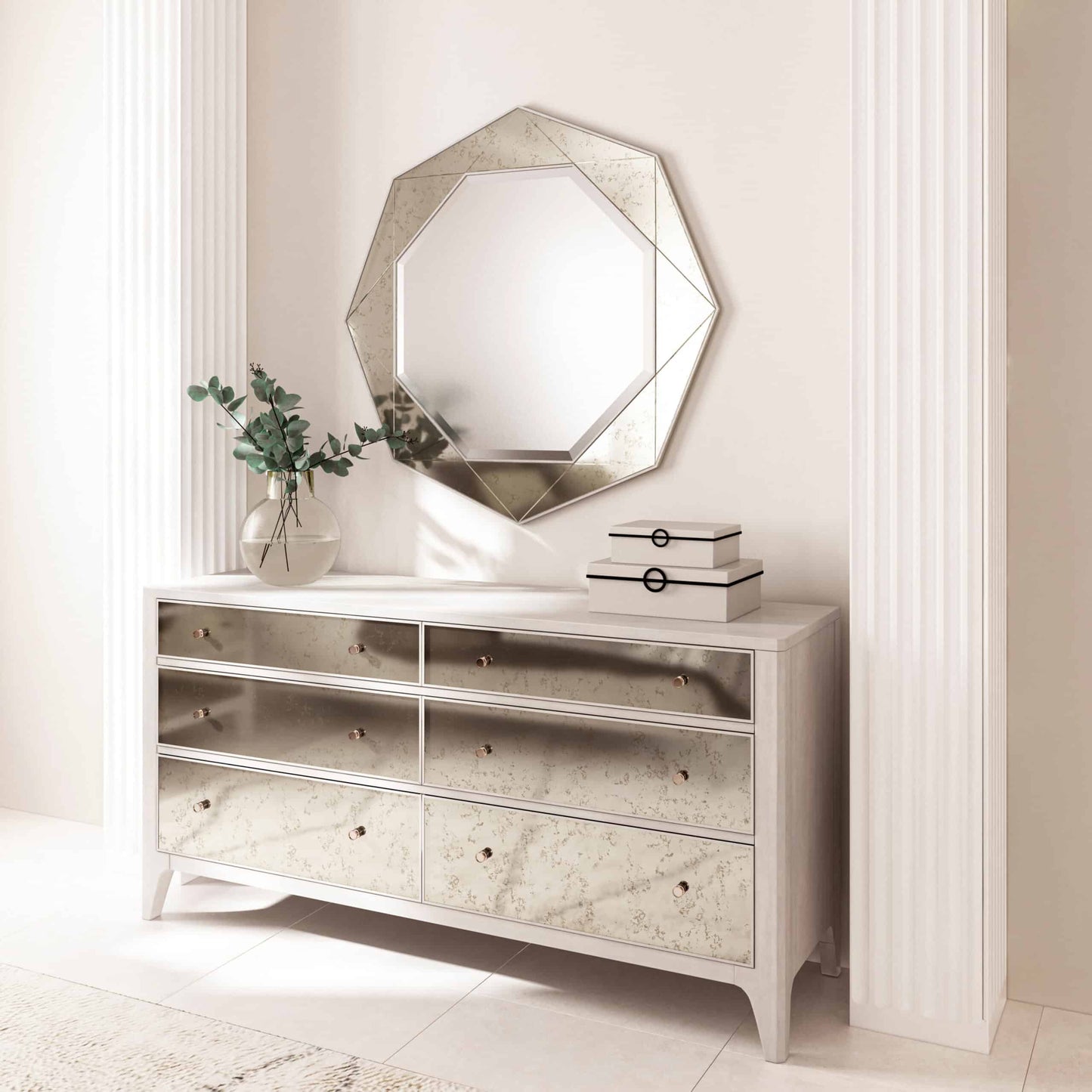 Mezzanine Round Dining Room Mirror mounted above a stylish dresser, enhancing a transitional decor with vintage charm.