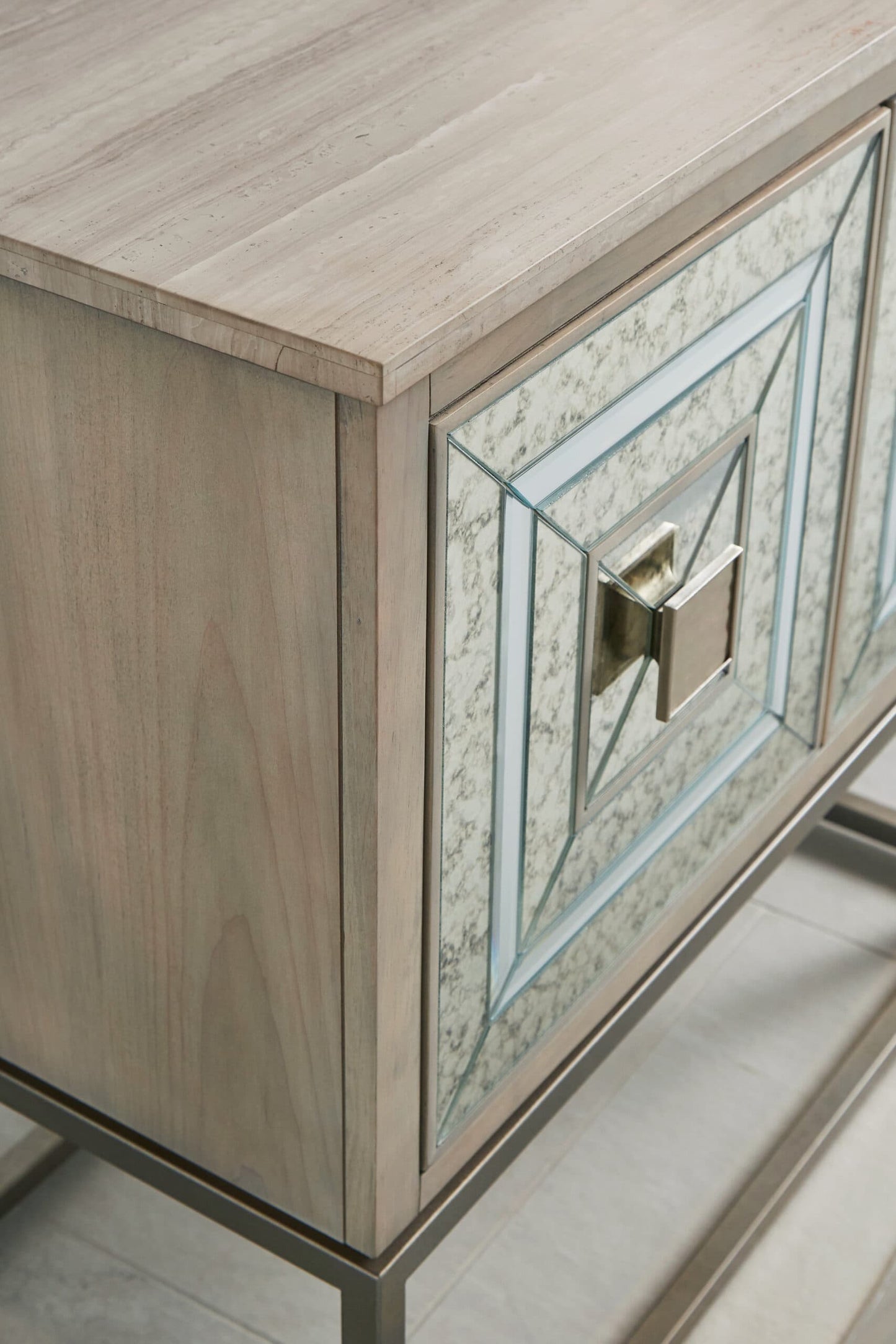 Close-Up of Mirrored Doors and Custom Metal Hardware on Mezzanine Traditional Accent Console