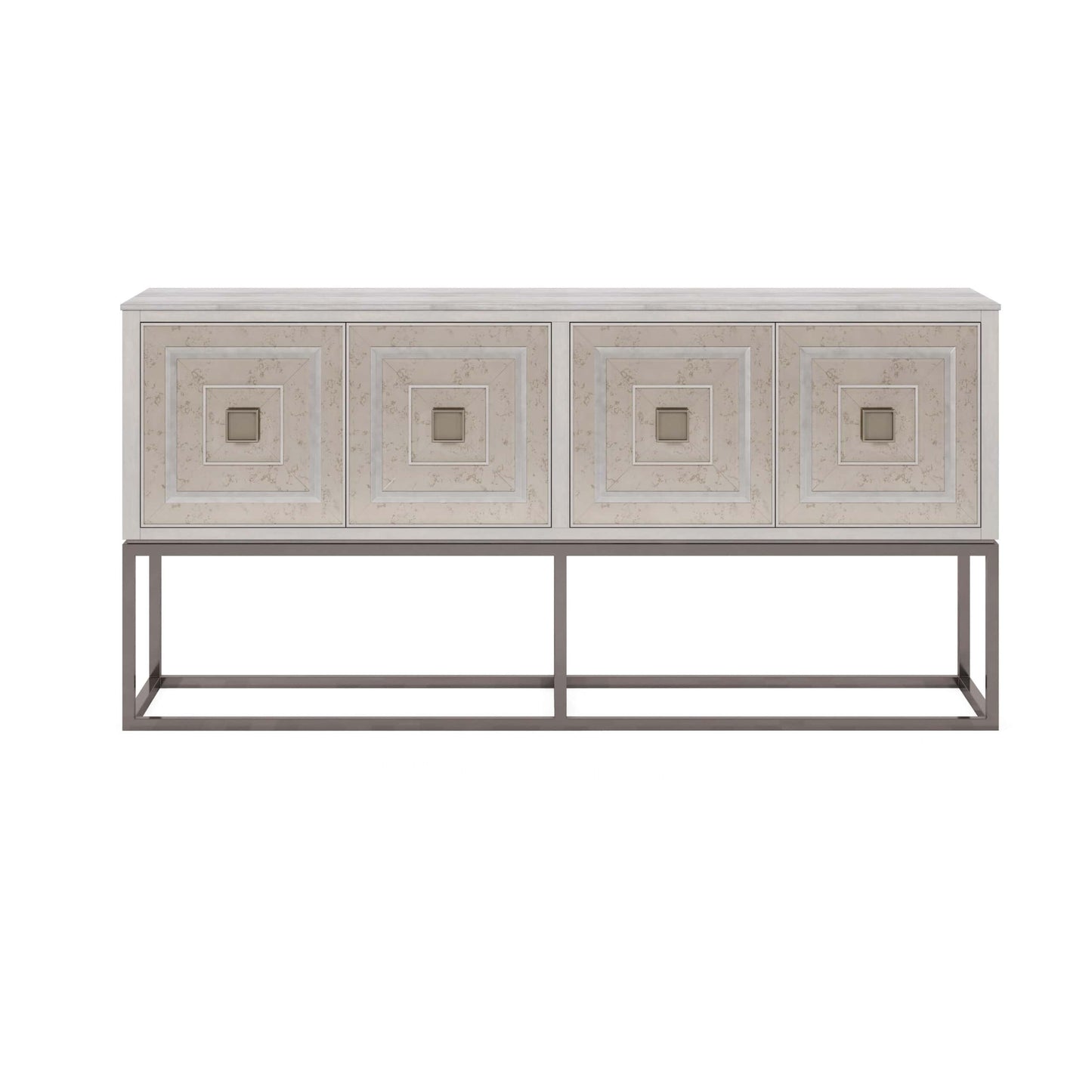 Front view of the Mezzanine Traditional Accent Console with mirrored door panels, metal hardware, and a stone top.