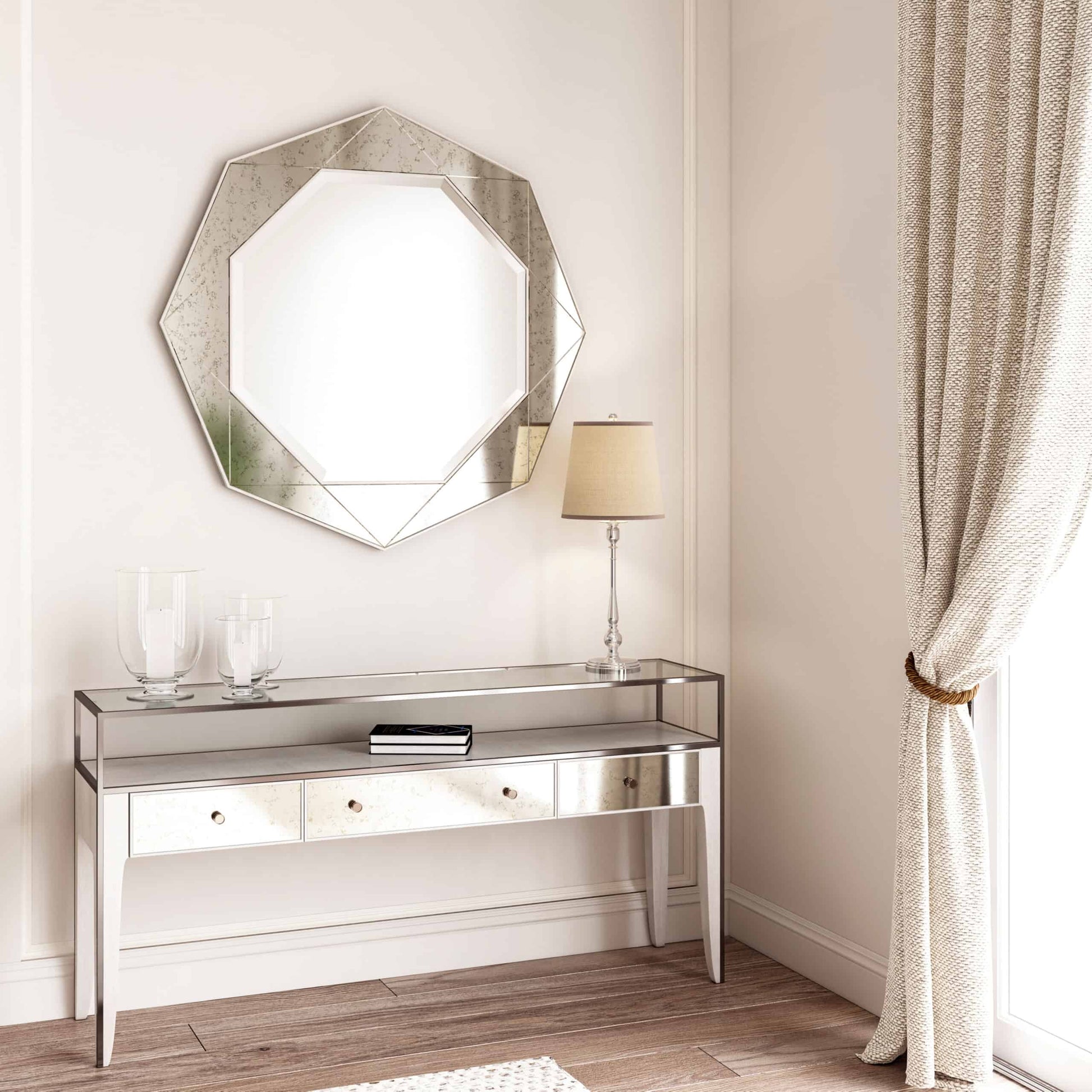 Octagonal Mezzanine Traditional Dining Room Mirror above a mirrored console table with lamp.