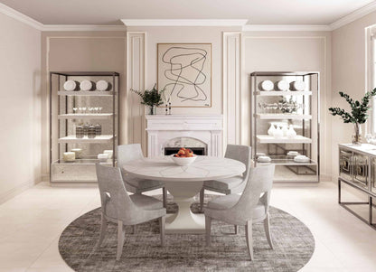 Mezzanine Traditional Etagere styled in a traditional dining room, featuring gray upholstered chairs.