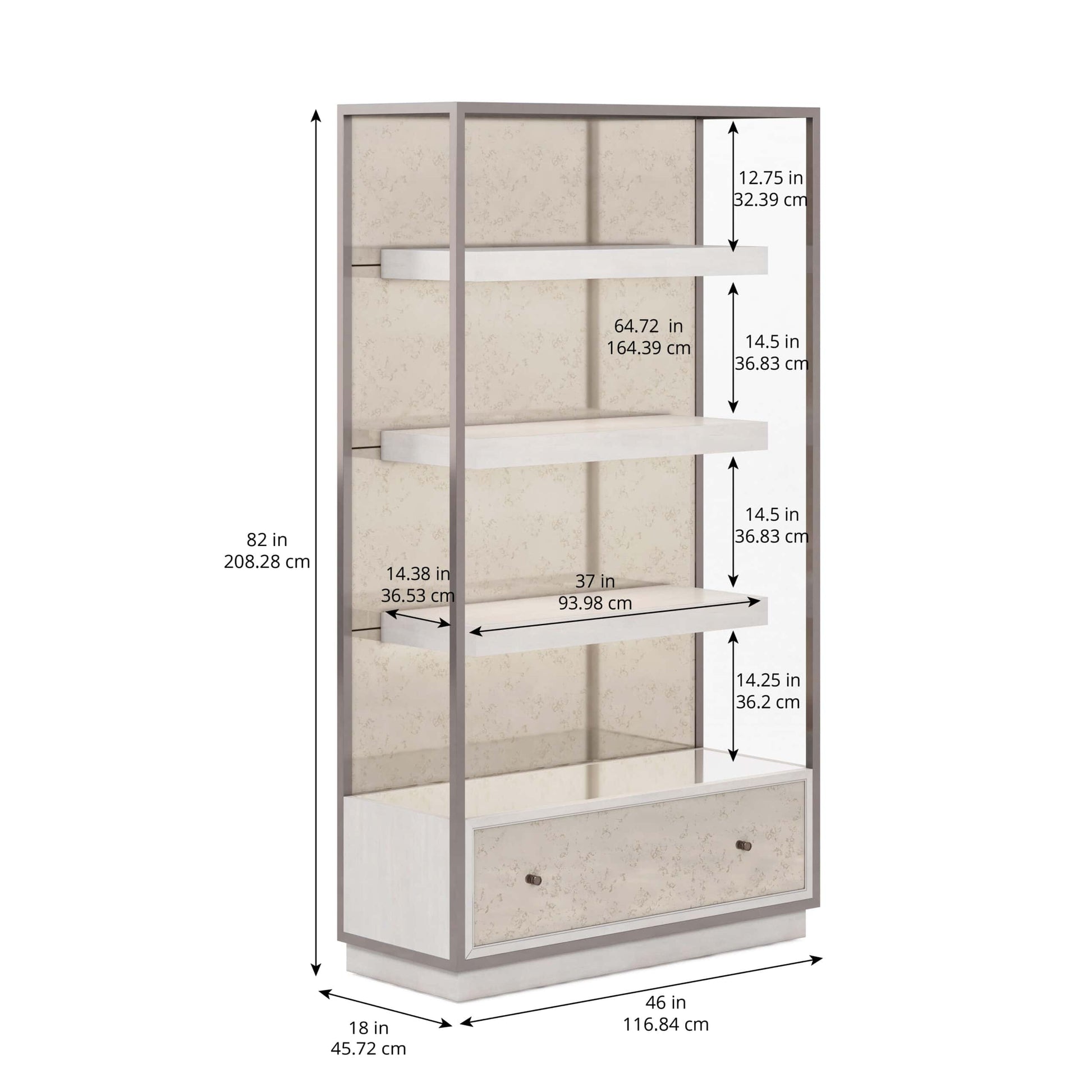  Front view of Mezzanine Transitional Etagere with dimensions in inches and centimeters marked.