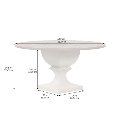  Image showing the dimensions of the Mezzanine Round Dining Table in both inches and centimeters.