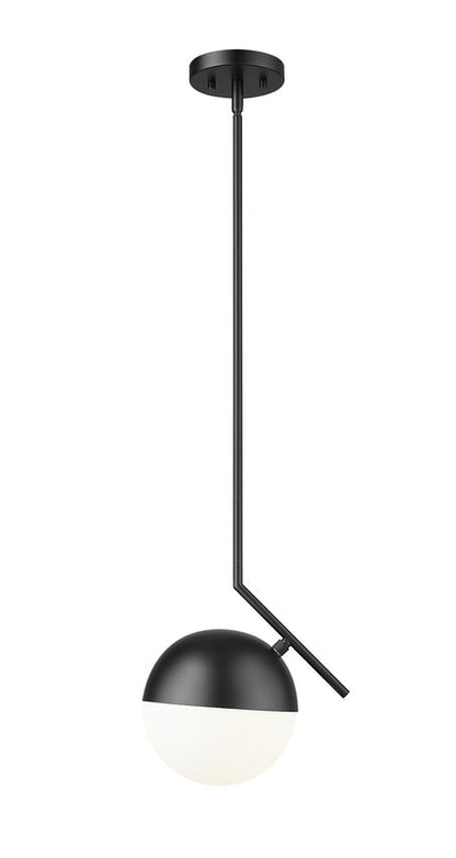 Mid-century modern one-light pendant matte black with opal globe.