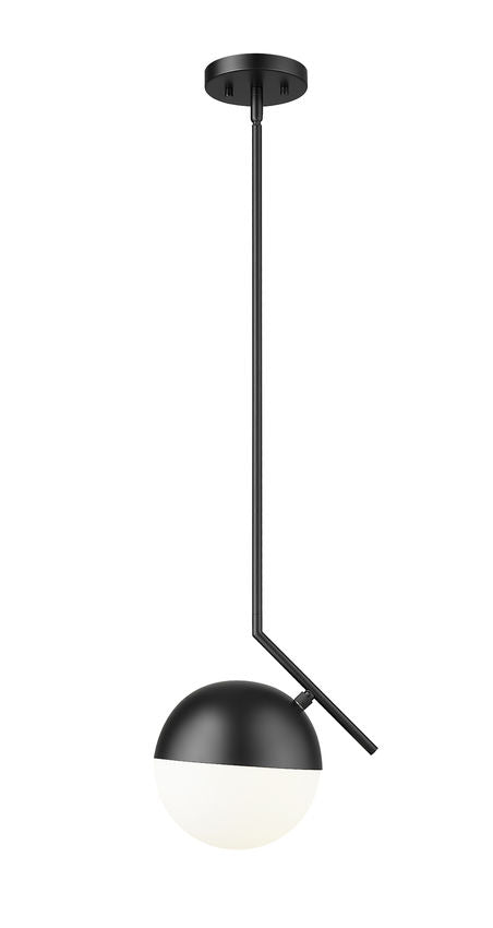 Mid-century modern one-light pendant matte black with opal globe.