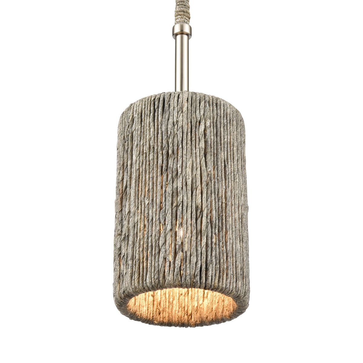 Bottom view of the Abaca 5.25” Wide Mini Pendant Light showcasing its abaca rope shade and warm glow.