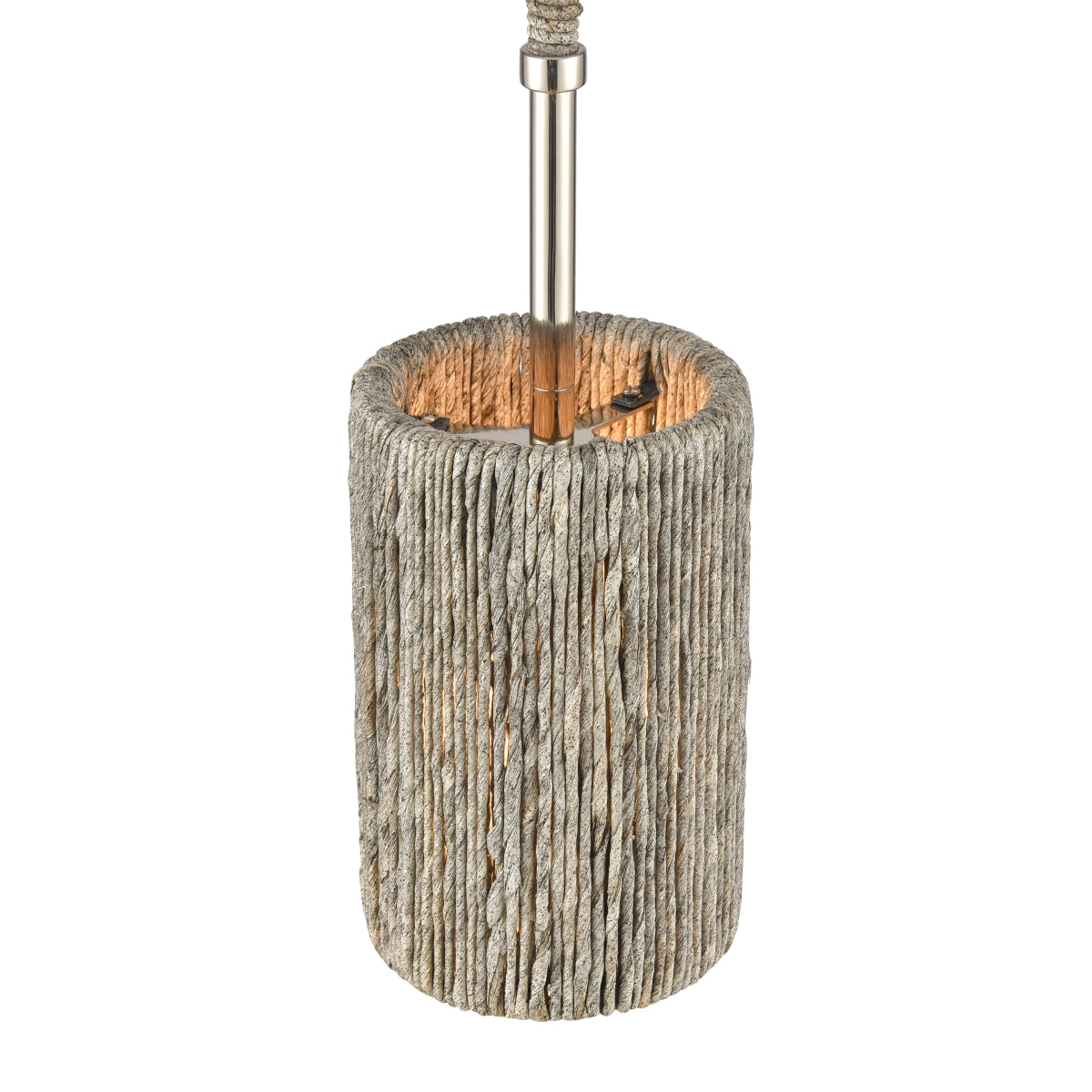 Close-up of the Abaca 5.25” Wide Mini Pendant Light highlighting the detailed abaca rope texture and warm lighting.