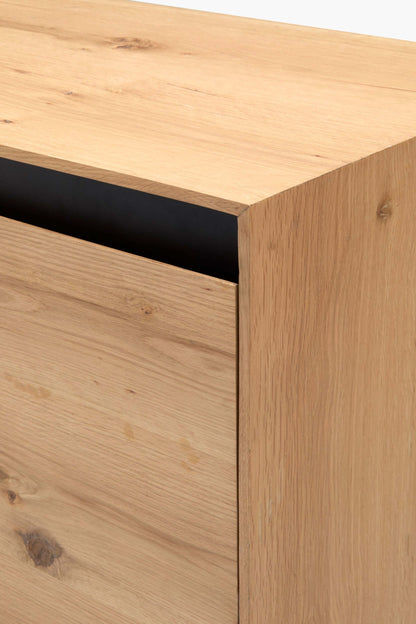 Detailed close-up of Molander Dining Sideboard's oak veneer texture and steel base.
