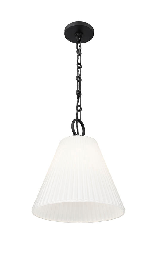 Black chain pendant light with pleated white shade for kitchen or dining room.