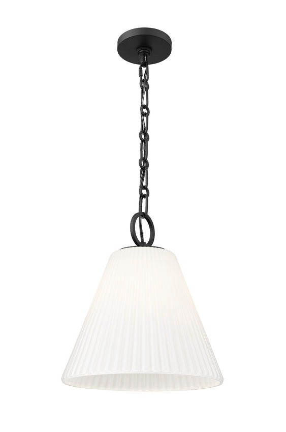 modern black cone pendant light with pleated white shade front view.