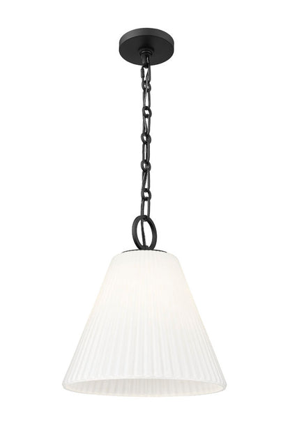 modern black cone pendant light with pleated white shade front view.