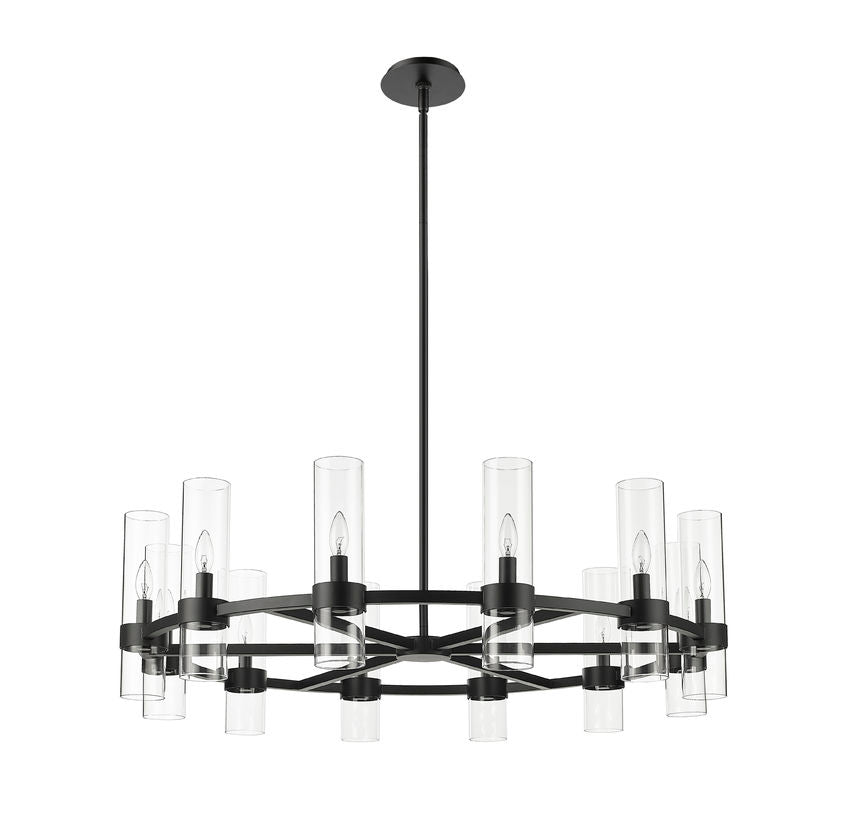 modern black twelve-light chandelier with tall glass shades.