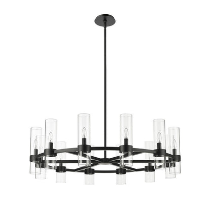 modern black twelve-light chandelier with tall glass shades.