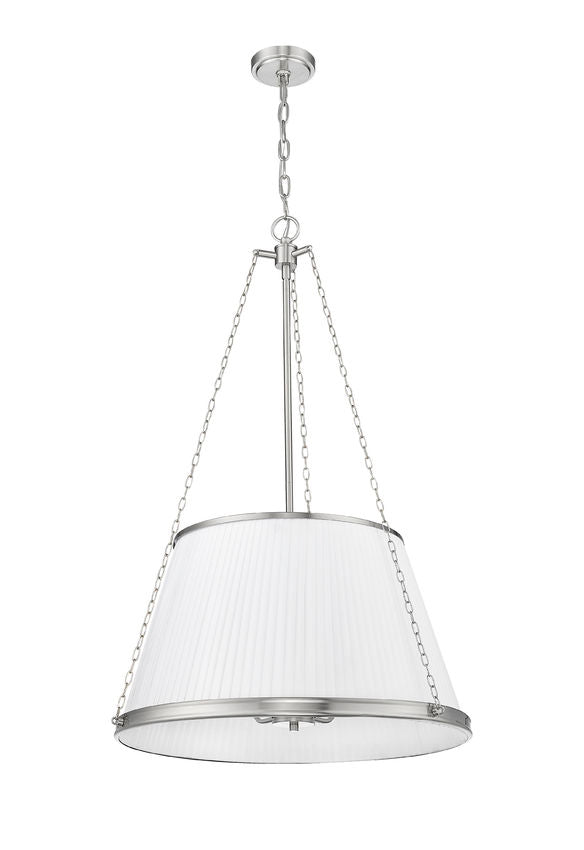 modern brushed nickel pendant light with white pleated shade glowing softly.
