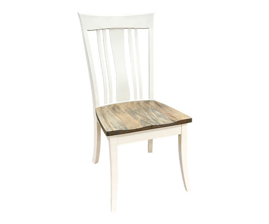 Modern farmhouse dining chair in white with a natural wood seat, perfect for Amish dining room decor.