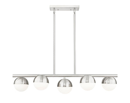 modern five-light island chandelier front view in brushed nickel.